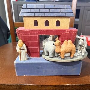 Vintage Noah's Ark Music Box with Noah and Animals Wooden Carving